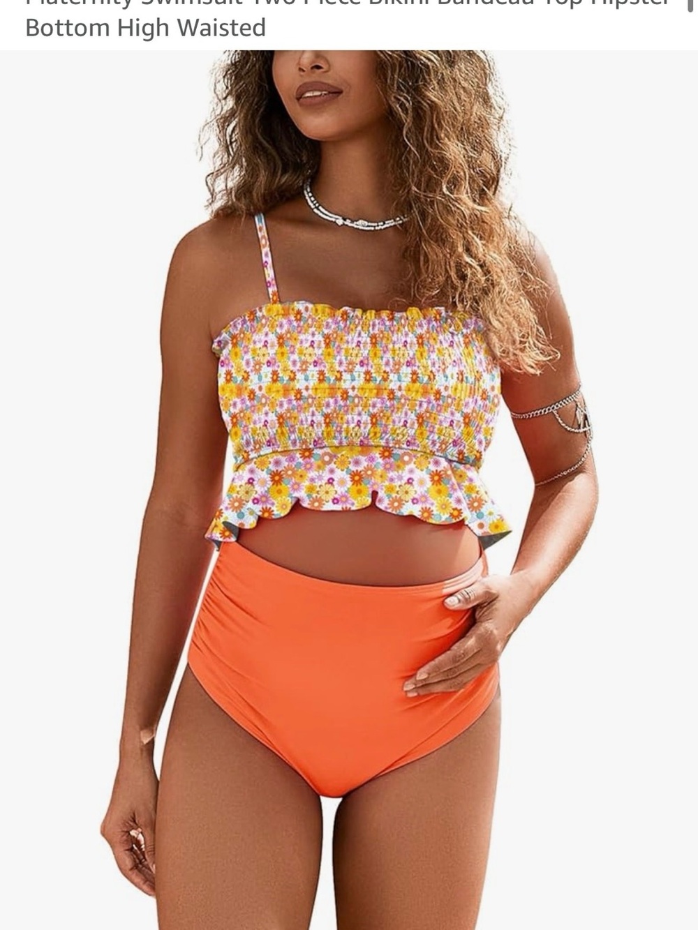 Maternity Floral Smocked Ruffle Bikini Top with Orange High-Waist Bottom